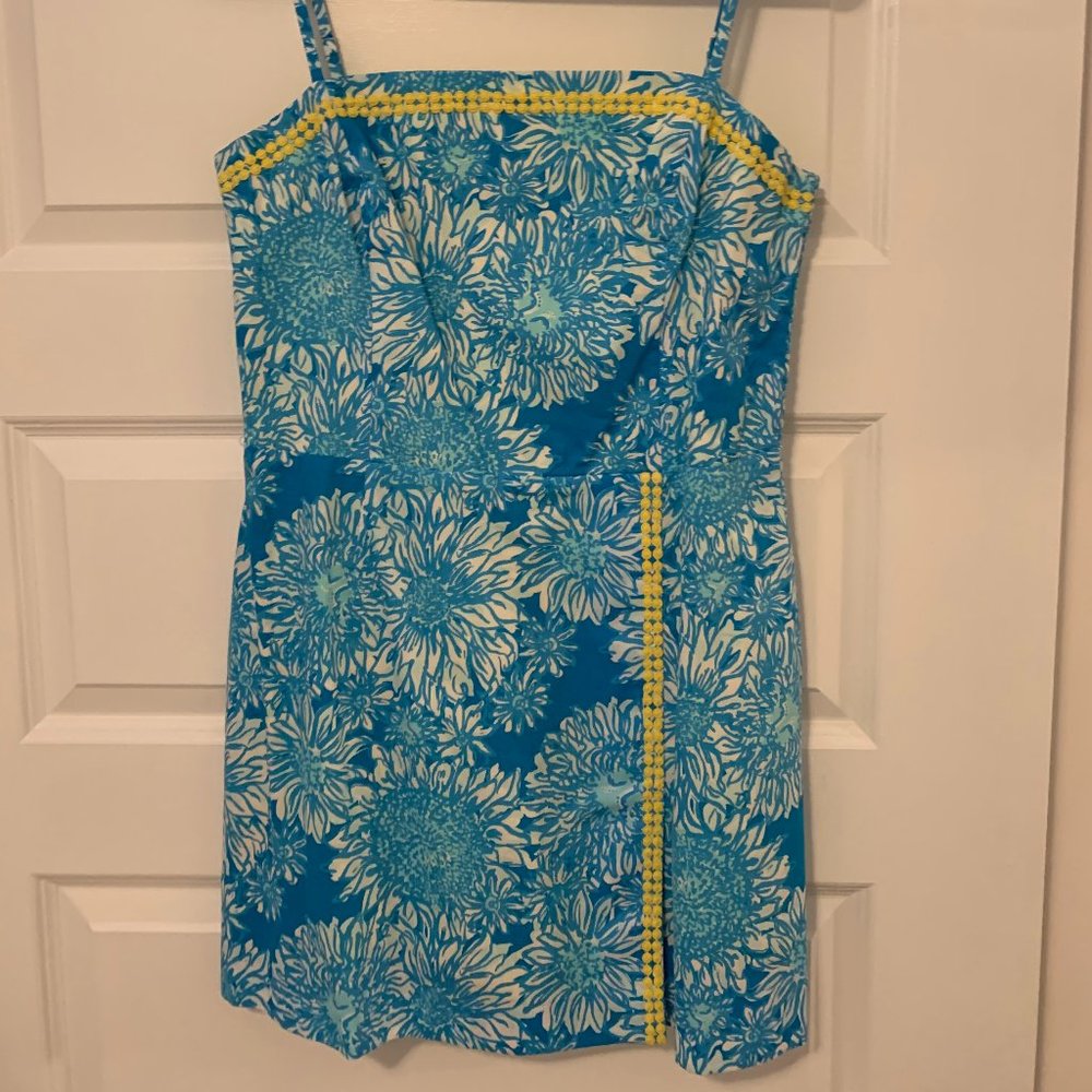 Lilly Pulitzer Blue Turquoise Floral Sundress with Yellow Trim